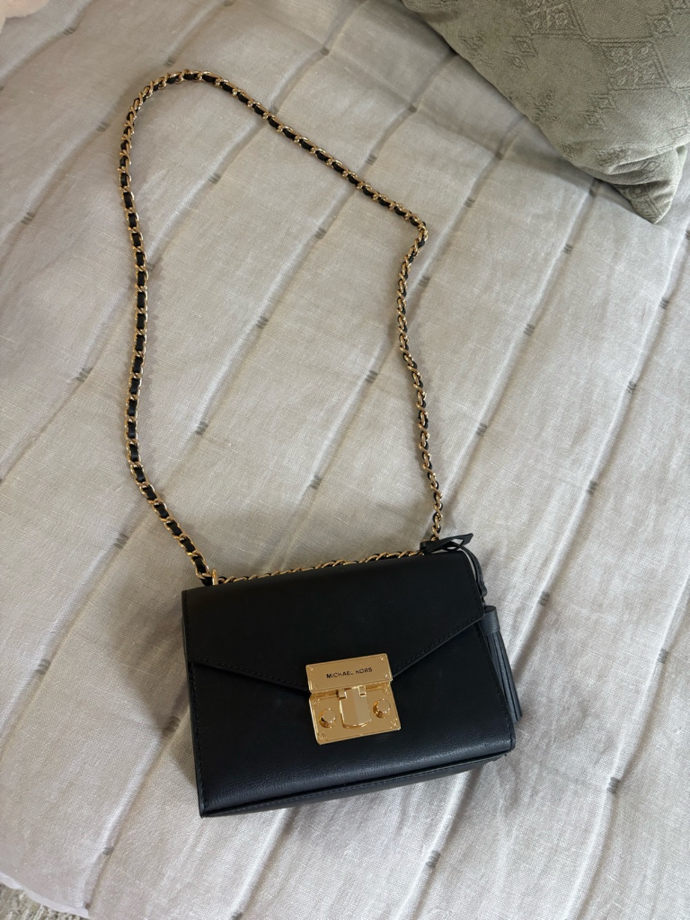 Michael Kors Black Leather Crossbody with Gold Chain Strap